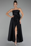 Siyah Strapless Slit Midi Taffeta Evening Dress ABK2124