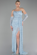 Light Blue Strapless Stony Long Slit Prom Gown ABU4163