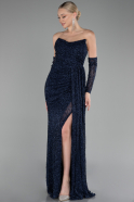 Navy Blue Strapless Stony Long Slit Prom Gown ABU4163