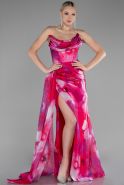 Fuchsia Strapless Slit Long Printed Satin Prom Dress ABU4169