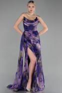 Purple Strapless Slit Long Printed Satin Prom Dress ABU4169