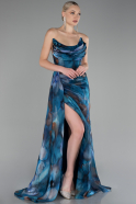 Oil Green Strapless Slit Long Printed Satin Prom Dress ABU4169