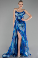 Sax Blue Strapless Slit Long Printed Satin Prom Dress ABU4169