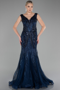 Navy Blue Sleeveless Stoned Long Evening Gown ABU4170