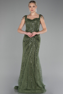 Olive Drab Stone Embroidered Long Special Design Evening Dress ABU4061