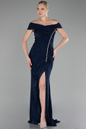 Navy Blue Boat Neck Slit Long Glitter Plus Size Evening Dress ABU4318