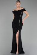 Black Boat Neck Slit Long Glitter Evening Dress ABU4171