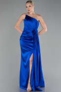 Sax Blue Strapless Slit Long Satin Evening Dress ABU4174