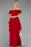 Red Dantelle Boat Neck Slit Long Chiffon Prom Dress ABU4175