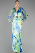 Green Long Sleeve Cut Out Patterned Satin Evening Dress ABU4067