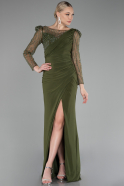 Olive Drab Stoned Long Sleeve Slit Evening Gown ABU4117