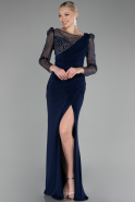 Navy Blue Stoned Long Sleeve Slit Plus Size Evening Gown ABU4119