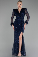 Navy Blue Long Sleeve Scaly Evening Dress ABU3860