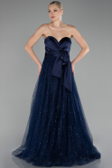 Navy Blue Satin Strapless Neckline Long Glitter Evening Dress ABU4069