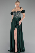 Emerald Green Sequined Boat Neck Slit Long Satin Evening Gown ABU4126