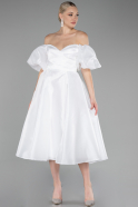 White Boat Neck Midi Taffeta Evening Dress ABK2127