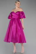 Fuchsia Boat Neck Midi Taffeta Evening Dress ABK2127