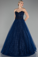 Navy Blue Stoned Strapless Glitter Collar Long Ball Gown ABU4185