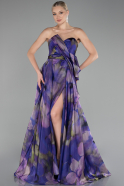 Purple Strapless Slit Long Satin Printed Prom Gown ABU4157