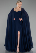 Navy Blue Strapless Shawl Sleeve Long Chiffon Evening Dress ABU4158