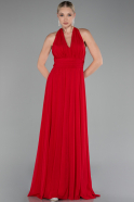 Red Halter Neck Long Chiffon Evening Dress ABU4188