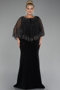 Black Stoned Shawly Sleeve Long Plus Size Evening Gown ABU4193