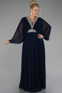 Navy Blue Sleeve Stone V Neck Long Chiffon Plus Size Evening Dress ABU4194