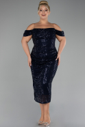 Navy Blue Off Shoulder Midi Sequined Plus Size Evening Dress ABK2056