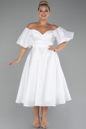 White Boat Neck Midi Plus Size Taffeta Evening Dress ABK2128