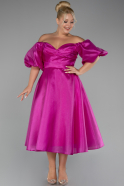 Fuchsia Boat Neck Midi Plus Size Taffeta Evening Dress ABK2128