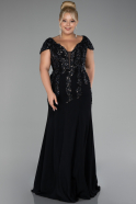 Black Short Sleeve Embroidered Long Plus Size Evening Gown ABU4191