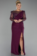 Cherry Colored Stoned Long Sleeve Slit Plus Size Evening Gown ABU4119