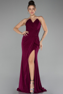 Cherry Colored Strapless Slit Long Silvery Evening Dress ABU4011