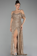 Gold Off Shoulder Boat Neck Slit Sequined Long Evening Gown ABU4074