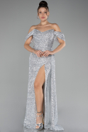 Grey Off Shoulder Boat Neck Slit Sequined Long Evening Gown ABU4074