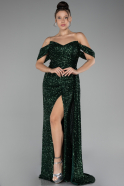 Emerald Green Off Shoulder Boat Neck Slit Sequined Long Evening Gown ABU4074