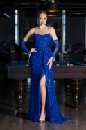 Sax Blue Strapless Stony Long Slit Prom Gown ABU4163