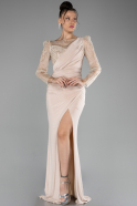 Beige Stoned Long Sleeve Slit Evening Gown ABU4117