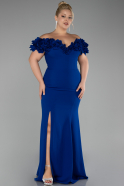 Sax Blue Boat Neck Slit Long Plus Size Evening Dress ABU4081