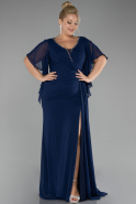 Navy Blue Short Sleeve Slit Long Chiffon Plus Size Evening Dress ABU4209