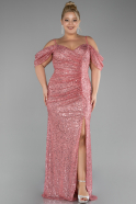 Pink Boat Neck Long Scaly Plus Size Evening Gown ABU4083