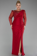 Red Stoned Long Sleeve Slit Plus Size Evening Gown ABU4119