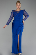 Sax Blue Stoned Long Sleeve Slit Plus Size Evening Gown ABU4119