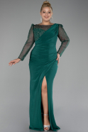 Emerald Green Stoned Long Sleeve Slit Plus Size Evening Gown ABU4119