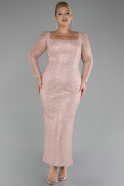 Powder Color Long Sleeve Sequin Midi Plus Size Evening Dress ABK2138