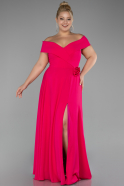 Fuchsia Boat Neck Slit Long Chiffon Plus Size Prom Dress ABU4234