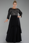 Black Stoned Long Sleeve Chiffon Plus Size Evening Dress ABU4018