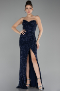 Navy Blue Strapless Slit Sequined Long Evening Gown ABU4240