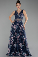 Navy Blue Sleeveless Long Embroidered Evening Dress ABU4244