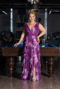 Plum Sleevess Printed Chiffon Plus Size Prom Dress ABU4050